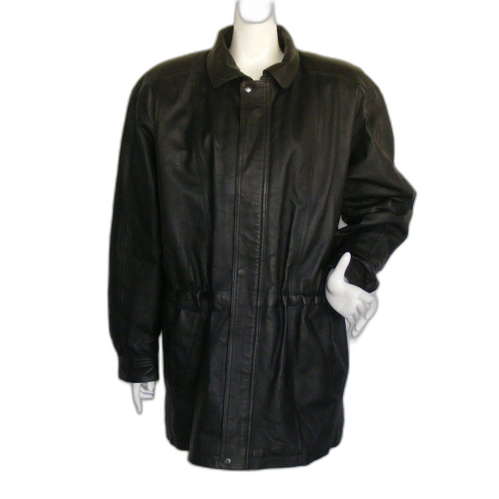 4U Black Leather Jacket, M, Cinch Waist, Zipper/Flap, No Zip in liner.
